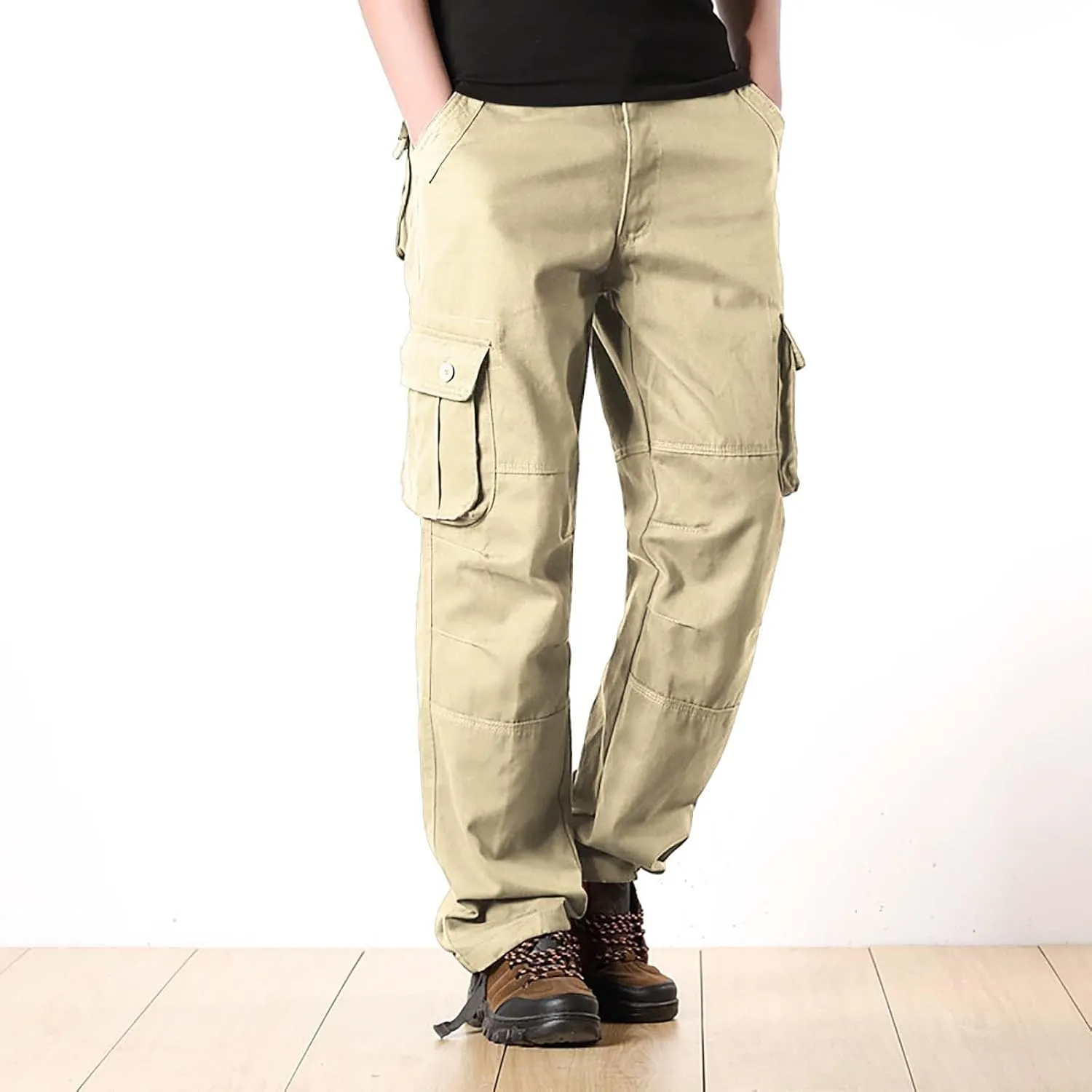 Men's Cotton Cargo Pants Comfort Flat Front Stretch Chino Golf Trouser Classic Basic Heavy Duty Durable Work Utility Pants