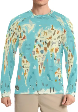 Mens Long Sleeve Rash Guard UPF 50  Sun Protection Quick Dry Animal World Map Fishing Hiking Swim Shirt
