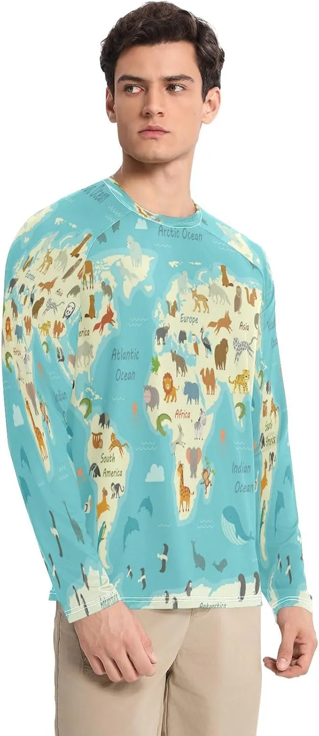 Mens Long Sleeve Rash Guard UPF 50  Sun Protection Quick Dry Animal World Map Fishing Hiking Swim Shirt