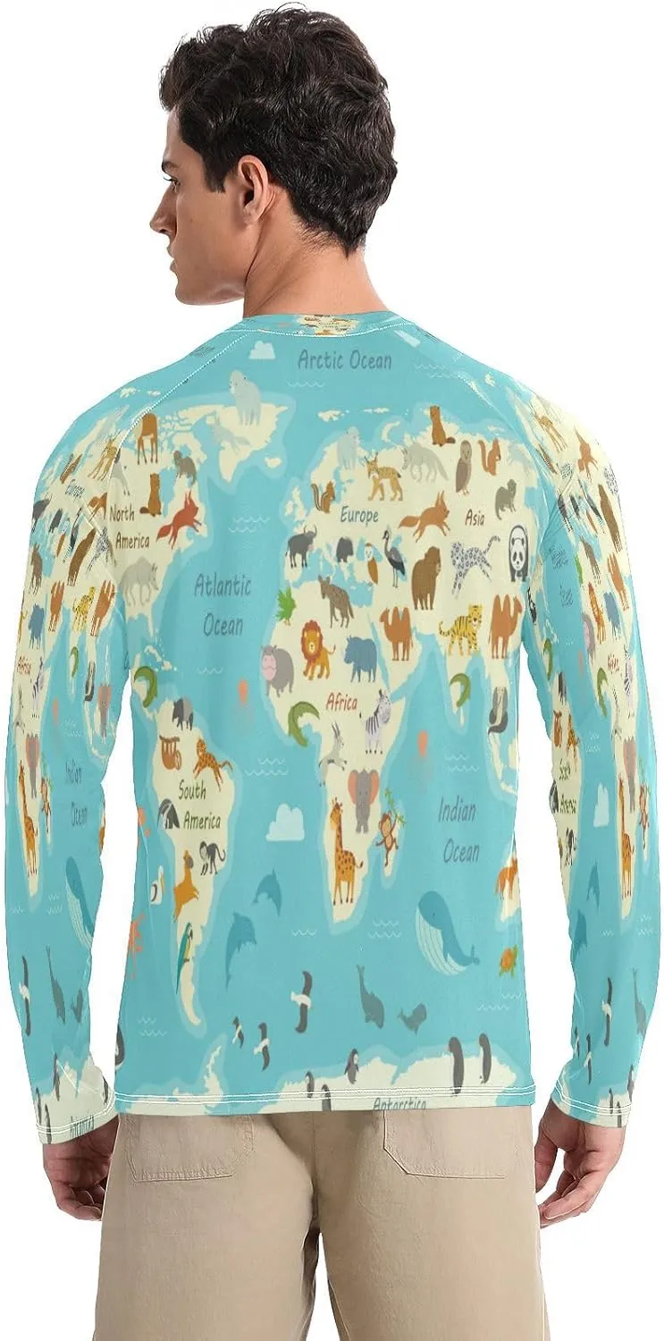 Mens Long Sleeve Rash Guard UPF 50  Sun Protection Quick Dry Animal World Map Fishing Hiking Swim Shirt