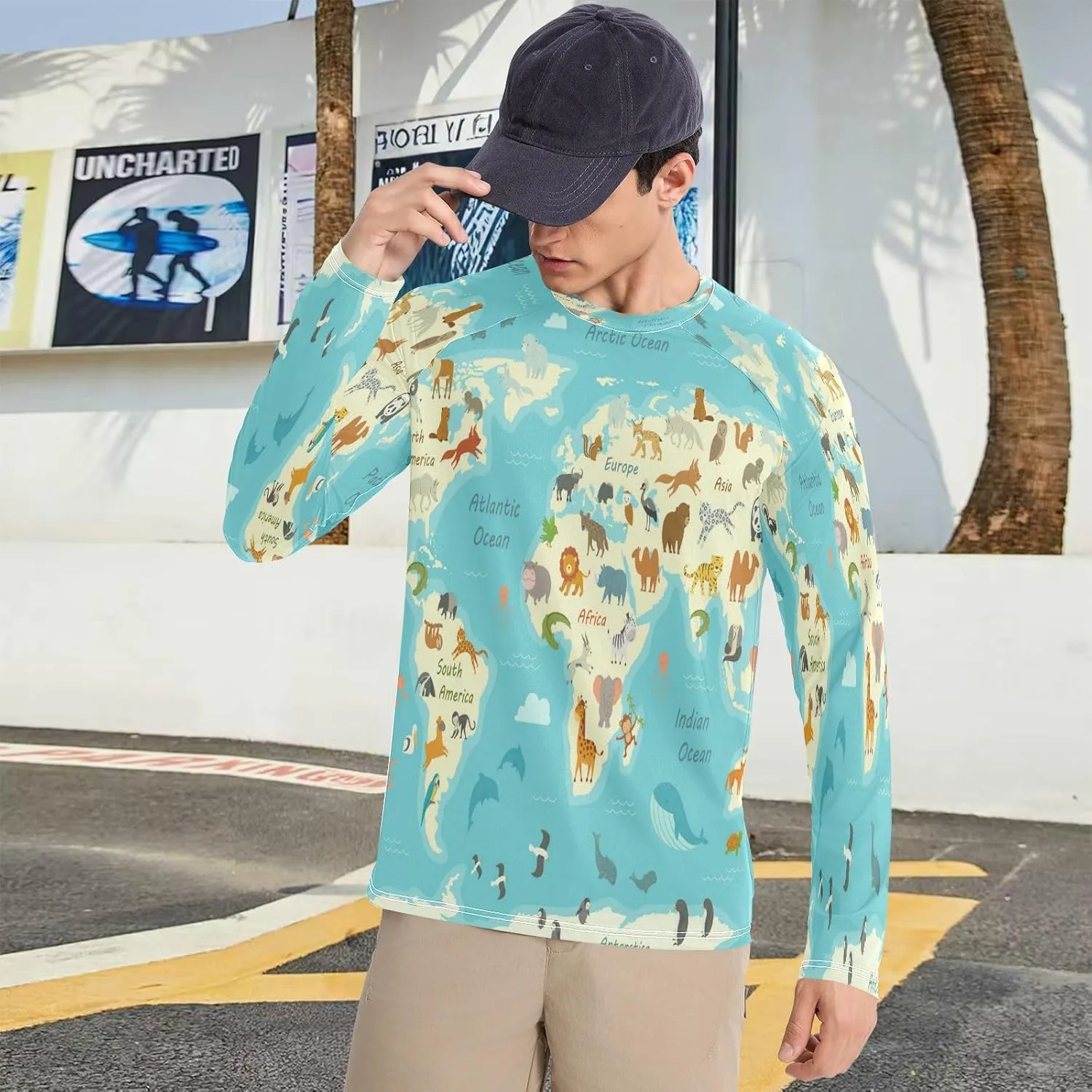 Mens Long Sleeve Rash Guard UPF 50  Sun Protection Quick Dry Animal World Map Fishing Hiking Swim Shirt