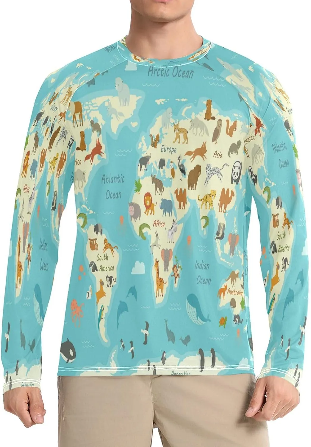 Mens Long Sleeve Rash Guard UPF 50  Sun Protection Quick Dry Animal World Map Fishing Hiking Swim Shirt