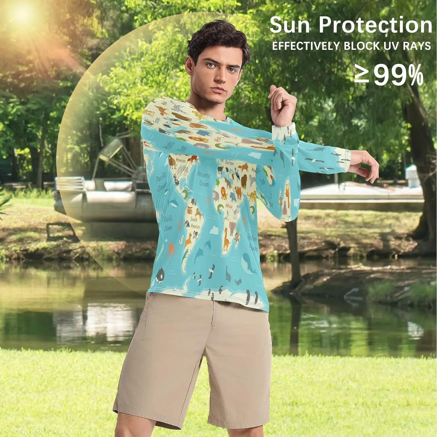 Mens Long Sleeve Rash Guard UPF 50  Sun Protection Quick Dry Animal World Map Fishing Hiking Swim Shirt