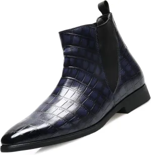 Men's Printed Leather Slip On Chelsea Boots Retro Pointed Toe Mid High Top Business Casual Formal Dress Ankle Boots