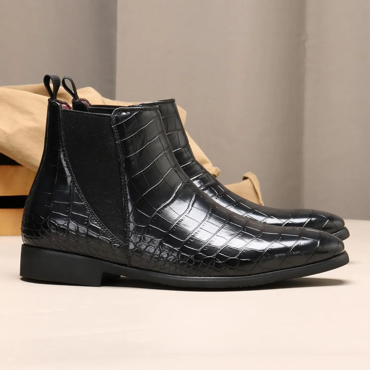 Men's Printed Leather Slip On Chelsea Boots Retro Pointed Toe Mid High Top Business Casual Formal Dress Ankle Boots