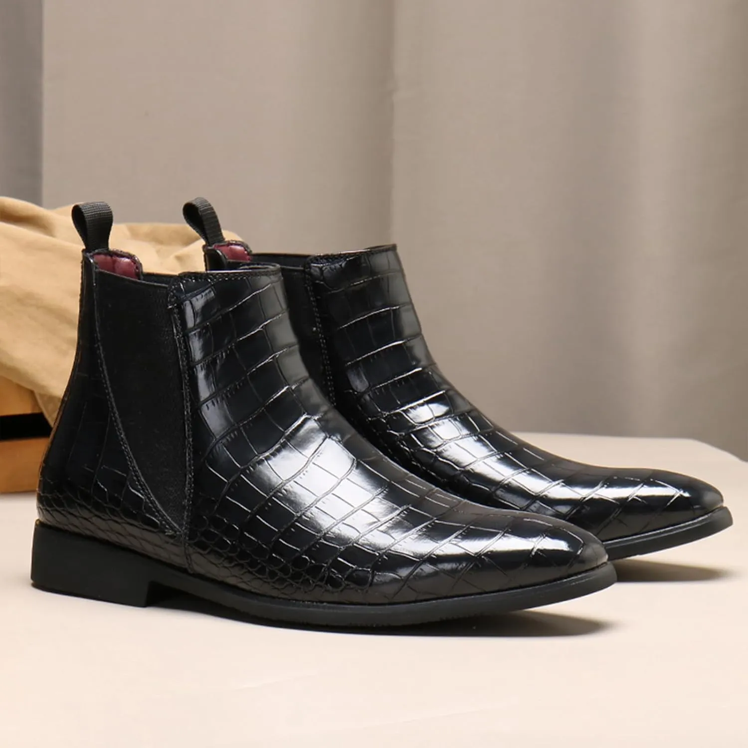 Men's Printed Leather Slip On Chelsea Boots Retro Pointed Toe Mid High Top Business Casual Formal Dress Ankle Boots