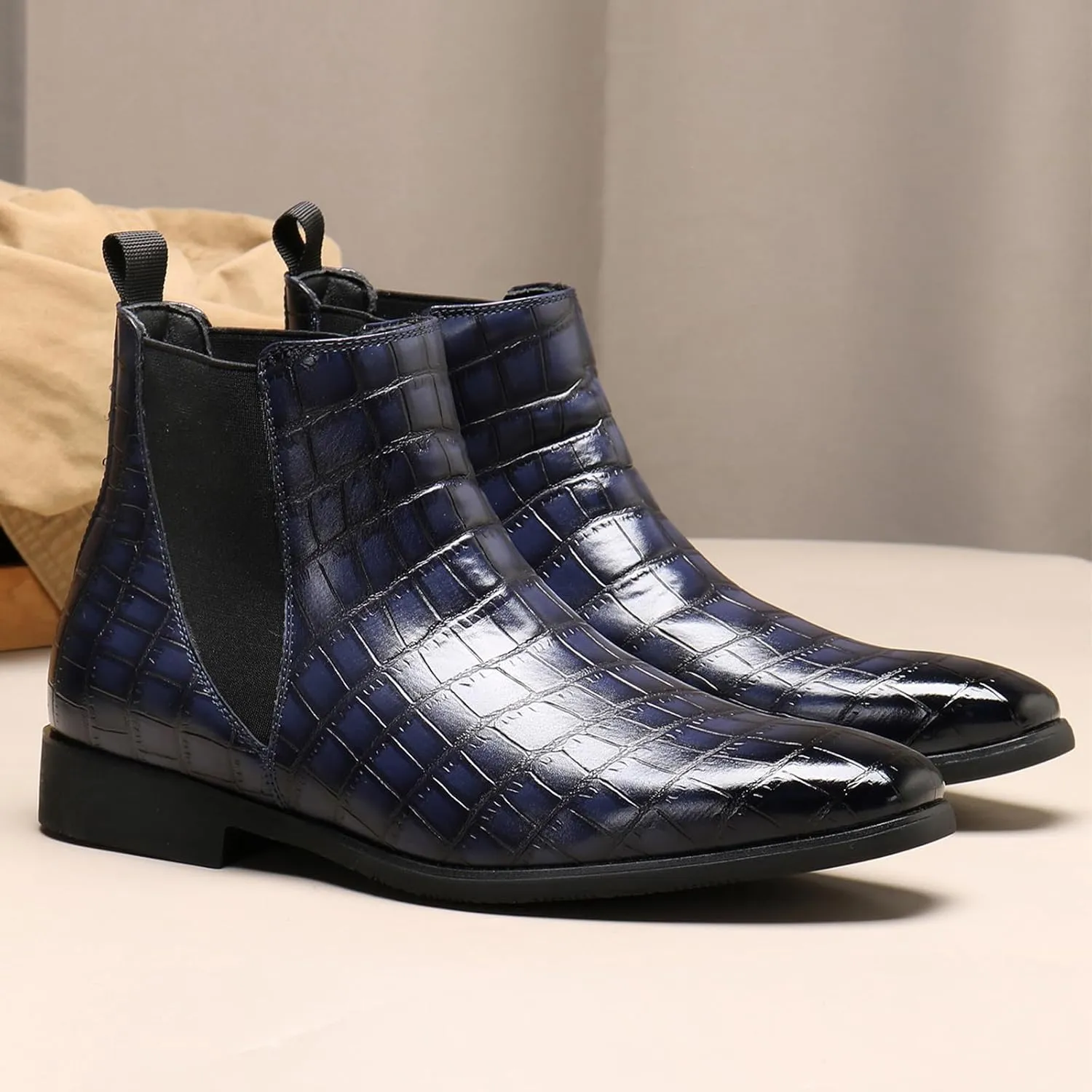 Men's Printed Leather Slip On Chelsea Boots Retro Pointed Toe Mid High Top Business Casual Formal Dress Ankle Boots