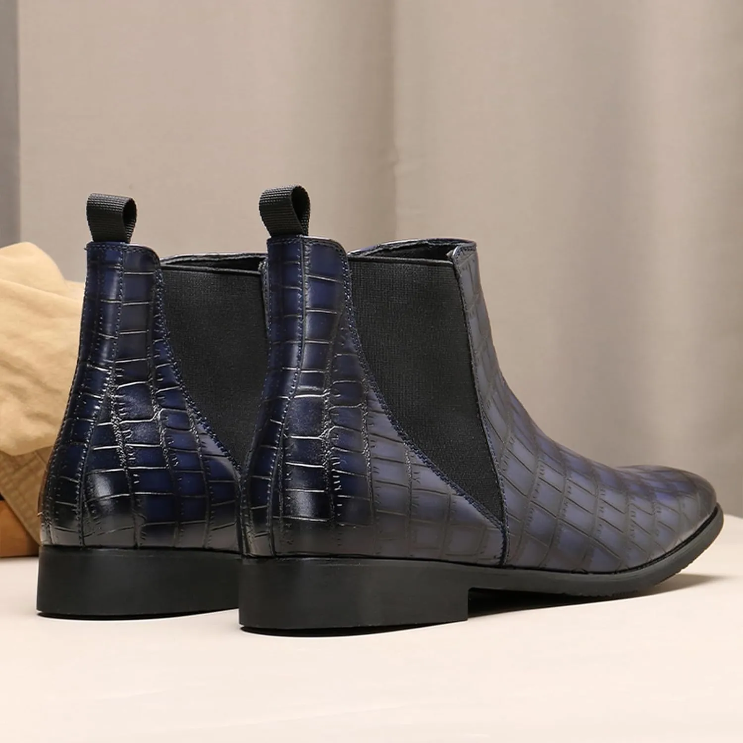 Men's Printed Leather Slip On Chelsea Boots Retro Pointed Toe Mid High Top Business Casual Formal Dress Ankle Boots