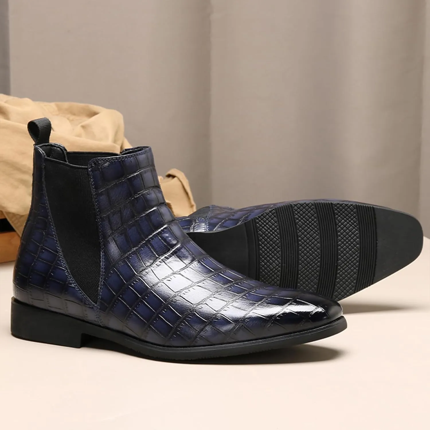 Men's Printed Leather Slip On Chelsea Boots Retro Pointed Toe Mid High Top Business Casual Formal Dress Ankle Boots