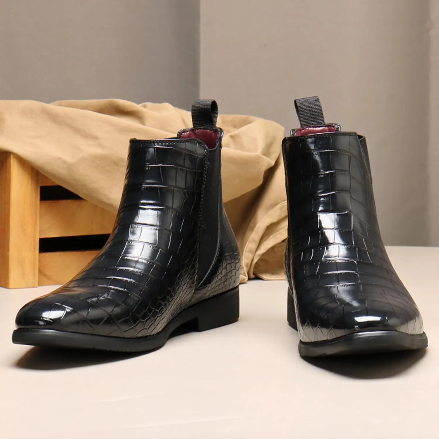 Men's Printed Leather Slip On Chelsea Boots Retro Pointed Toe Mid High Top Business Casual Formal Dress Ankle Boots