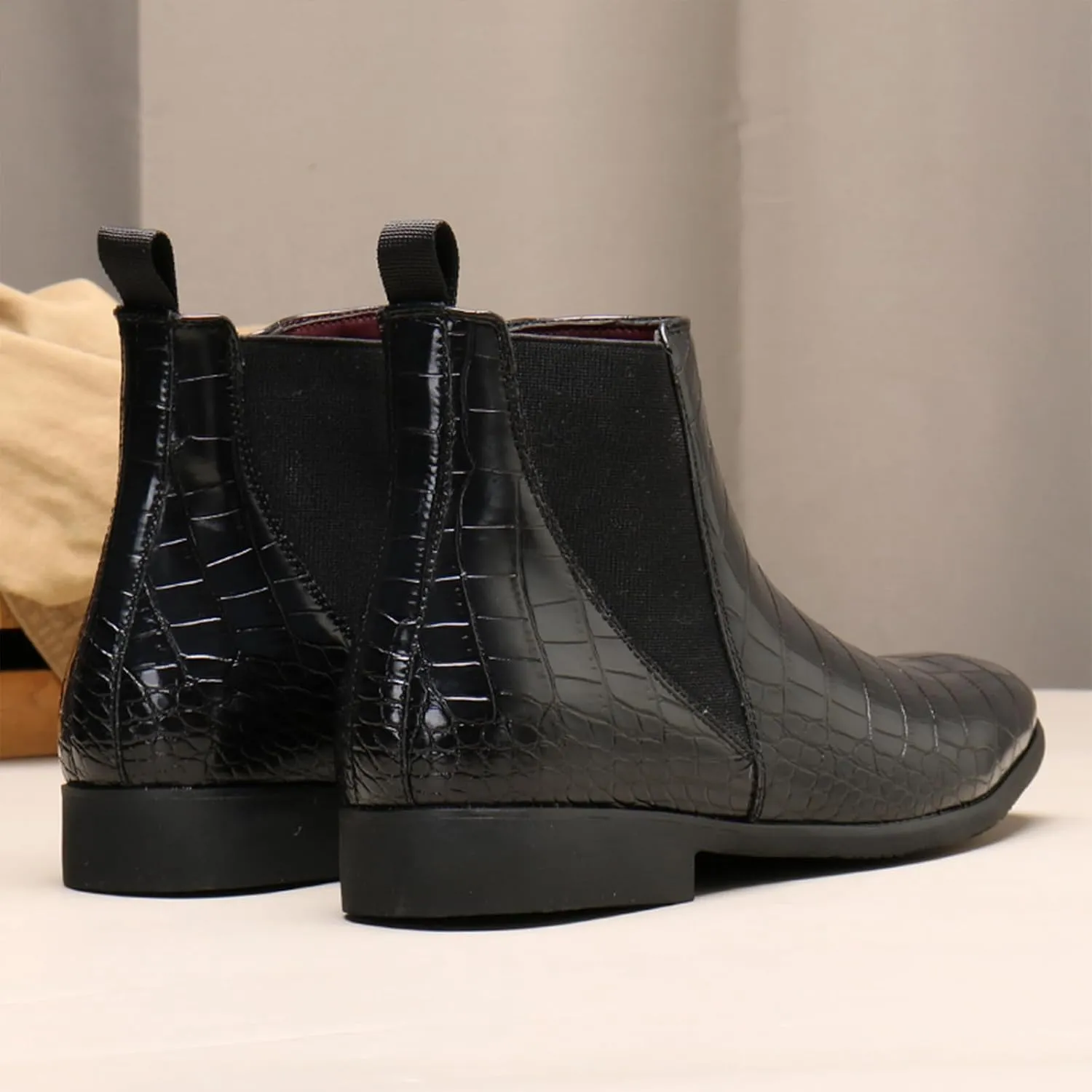 Men's Printed Leather Slip On Chelsea Boots Retro Pointed Toe Mid High Top Business Casual Formal Dress Ankle Boots