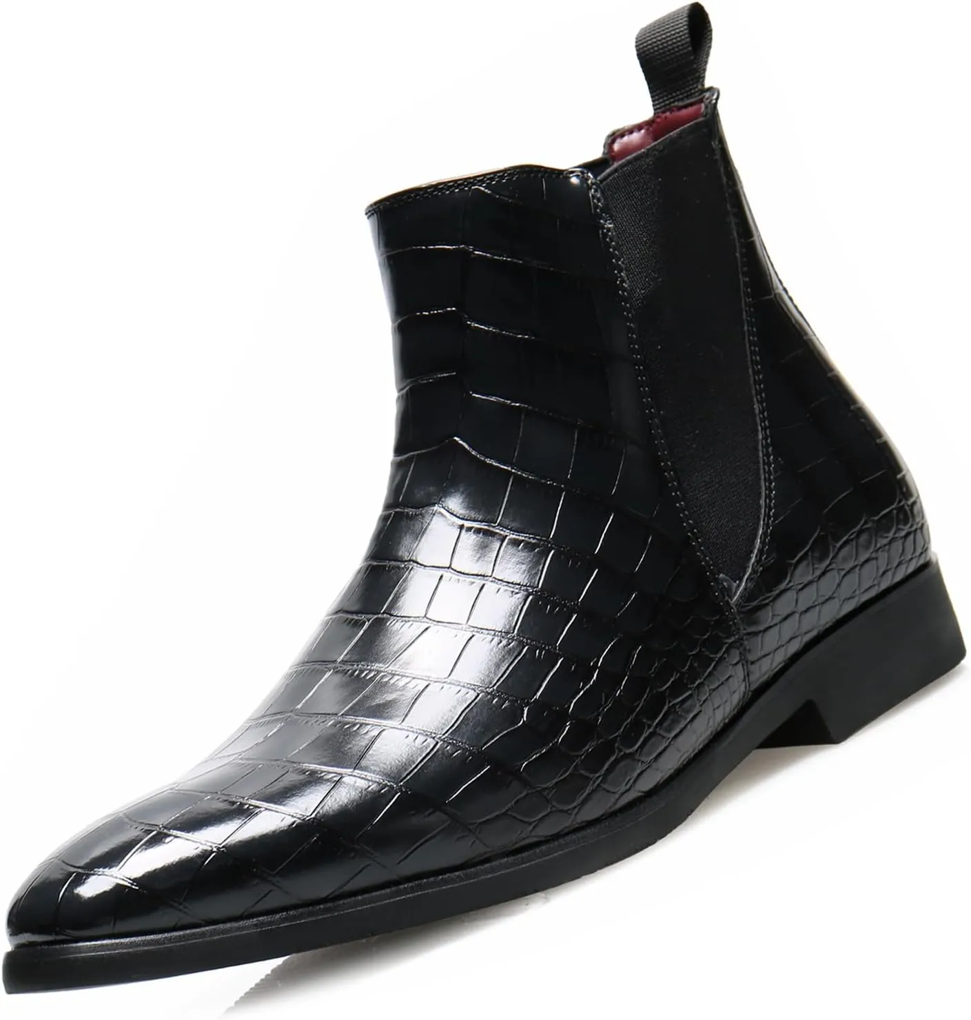 Men's Printed Leather Slip On Chelsea Boots Retro Pointed Toe Mid High Top Business Casual Formal Dress Ankle Boots