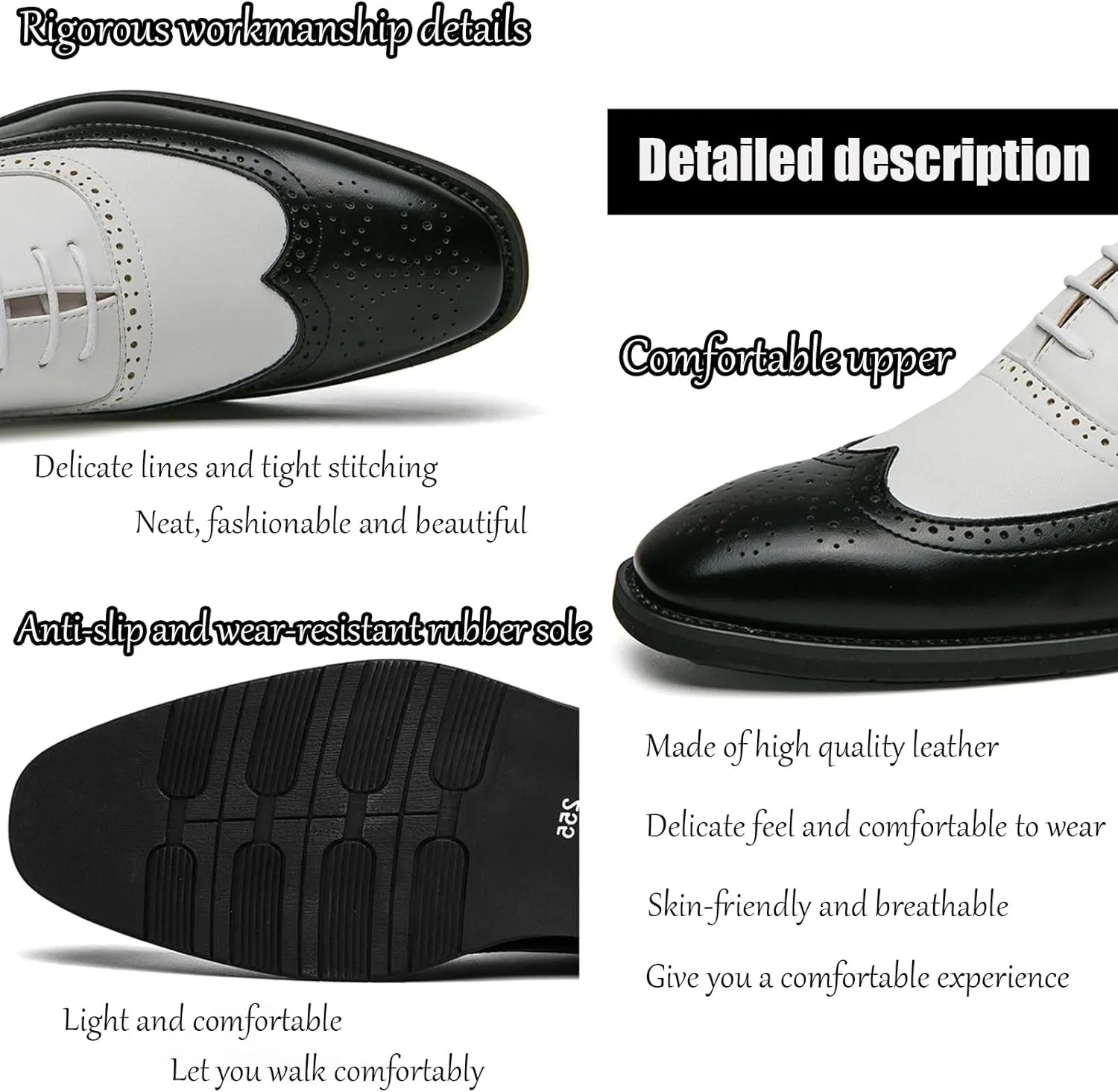 Men's Soft Leather Oxford Dress Shoes Classic Wingtip Lace-Up Brogue Oxford Shoes Stylish Business Casual Formal Work Shoes