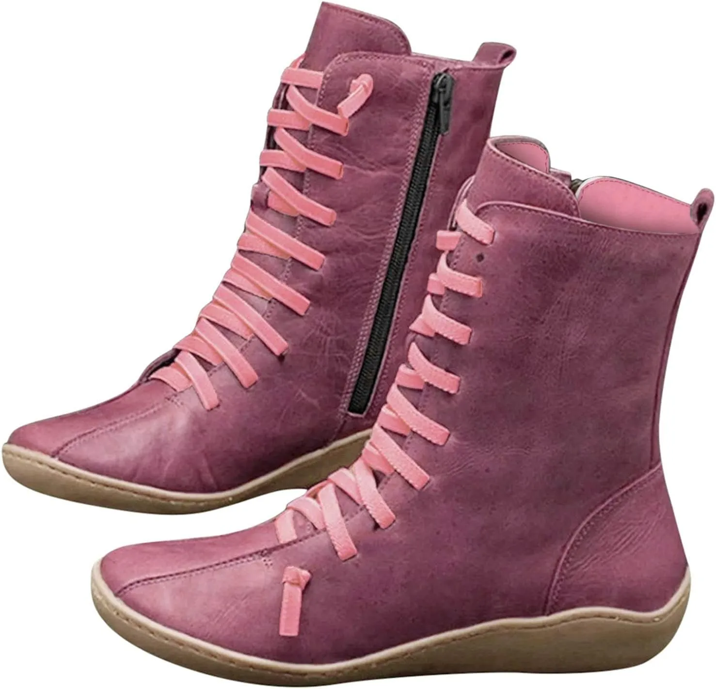 Mid Calf Boots for Women Flat Boots for Women Comfy Round Toe Lace up Flat Bottom Side Zipper Fashion Women Boots