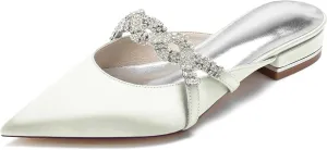 Minishion Wedding Flats Bride Shoes Womens Backless Comfy Evening Dress Mules Shoes with Rhinestone BR158