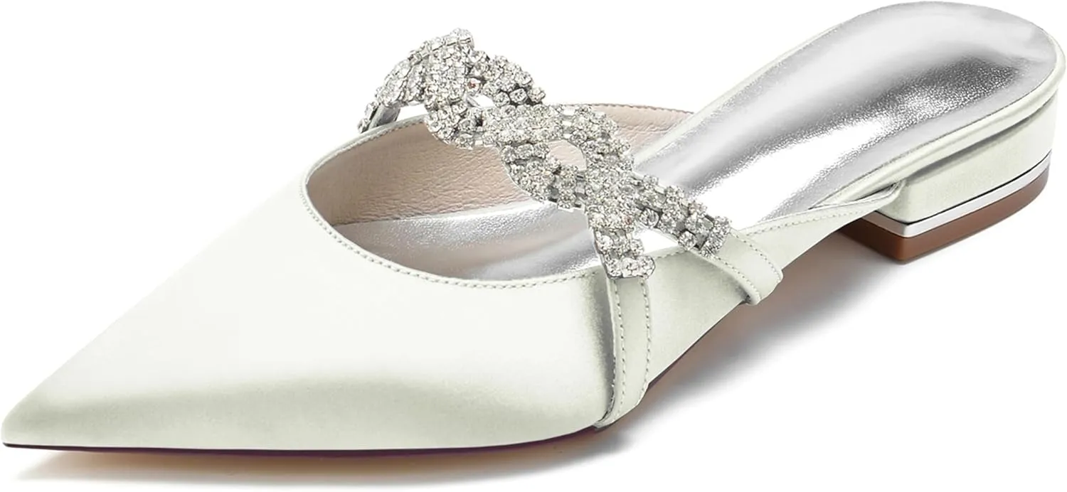 Minishion Wedding Flats Bride Shoes Womens Backless Comfy Evening Dress Mules Shoes with Rhinestone BR158