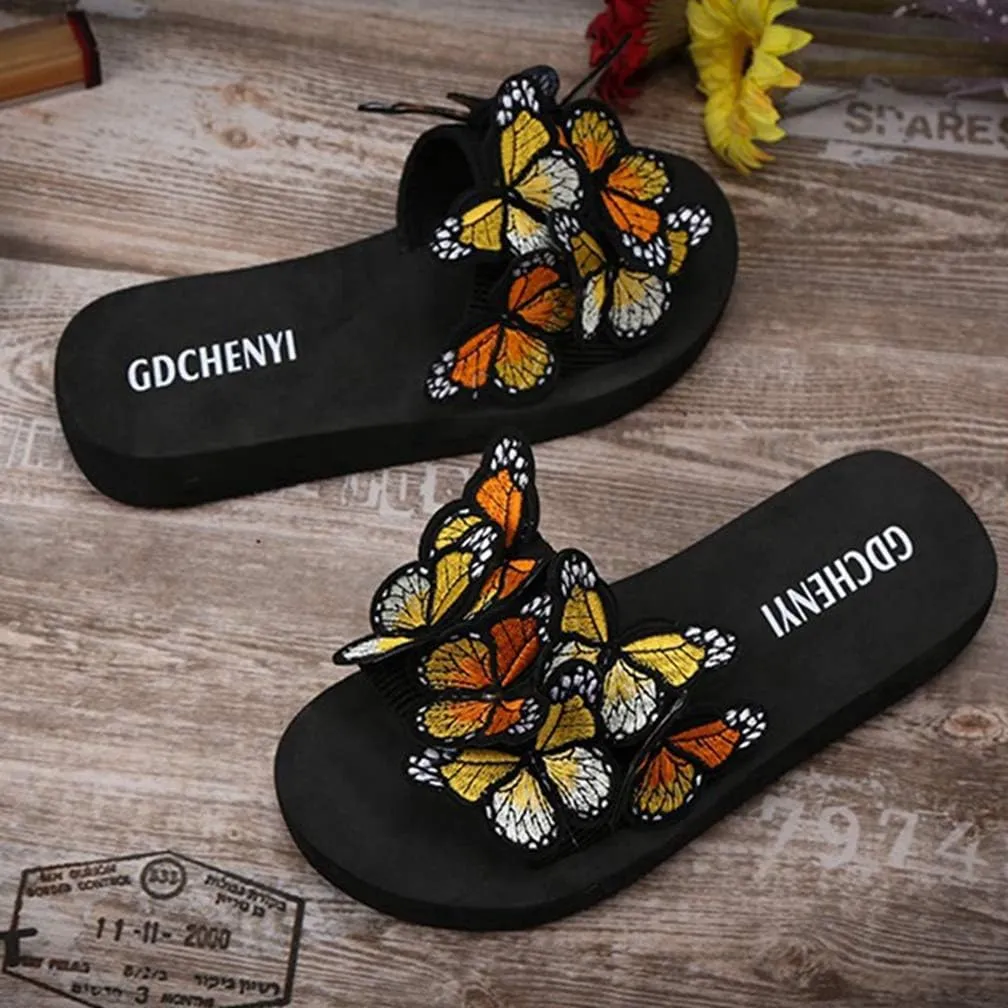 MIOKE Summer Flat Slide Sandals For Womens Butterfly Platform Low Heel Comfy Nonslip Casual Beach Sandals