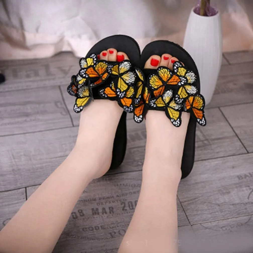 MIOKE Summer Flat Slide Sandals For Womens Butterfly Platform Low Heel Comfy Nonslip Casual Beach Sandals