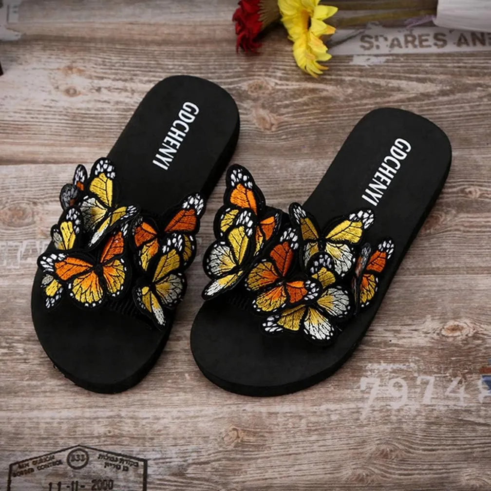 MIOKE Summer Flat Slide Sandals For Womens Butterfly Platform Low Heel Comfy Nonslip Casual Beach Sandals