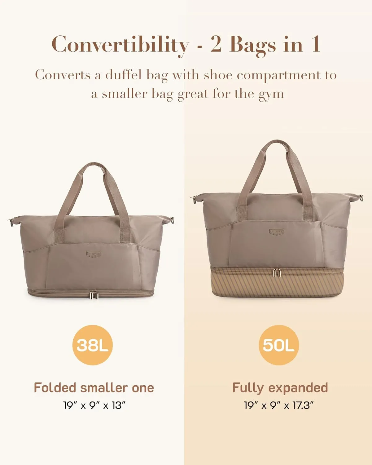 Missnine Weekender Bag for Women, Foldie Travel Bag Expandable with Shoes Compartment Travel Duffel 50L Carry on Overnight Gym