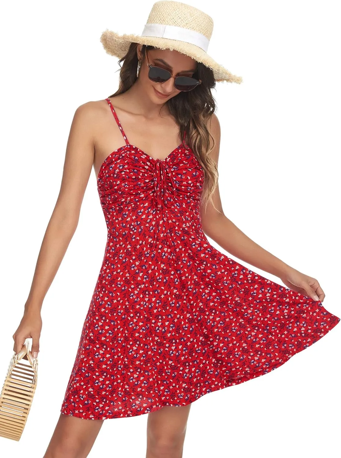 Missufe Spaghetti Strap Floral Mini Dress Women's Casual Ruched Front Drawstring Swing Sundress