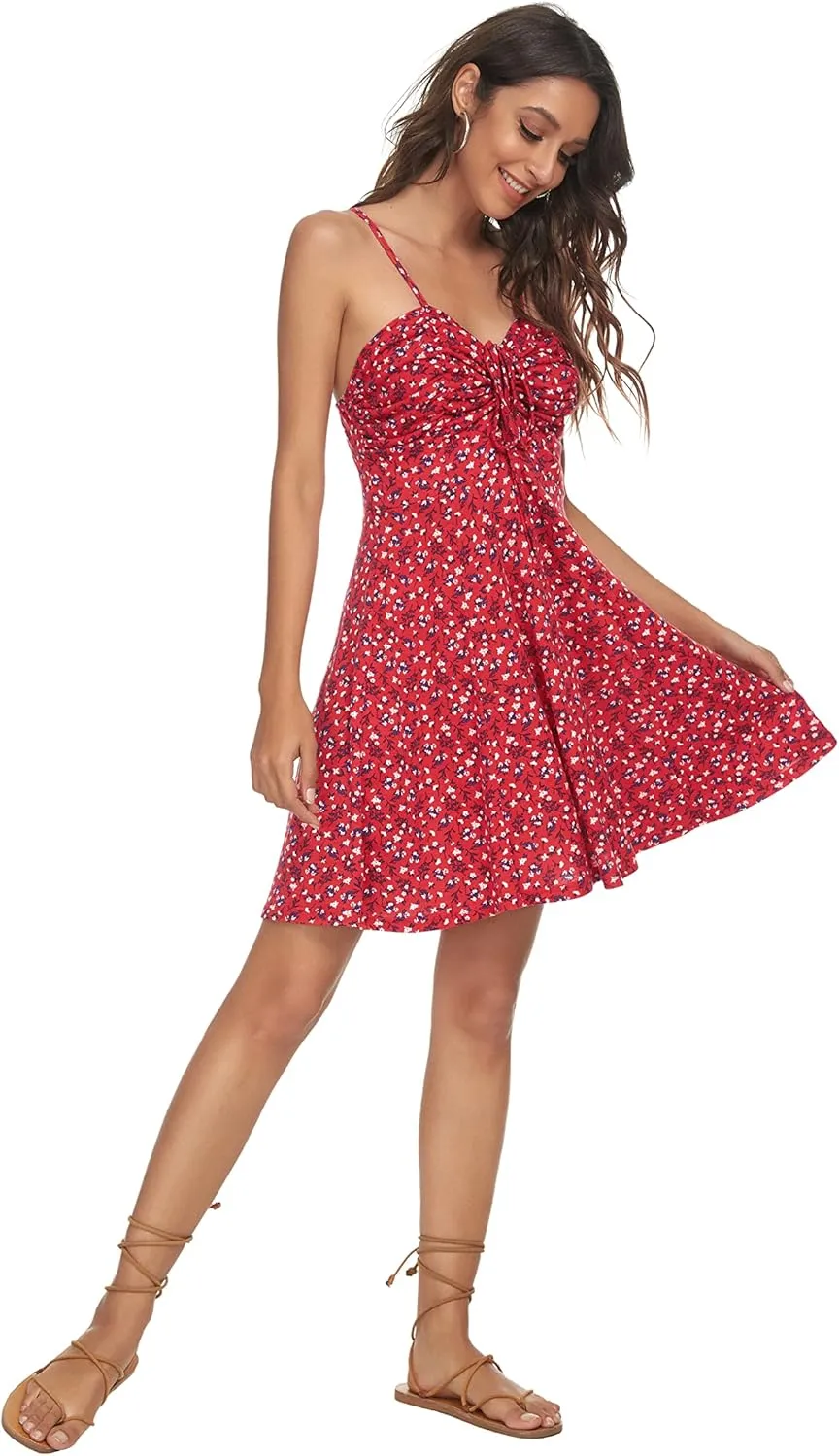 Missufe Spaghetti Strap Floral Mini Dress Women's Casual Ruched Front Drawstring Swing Sundress