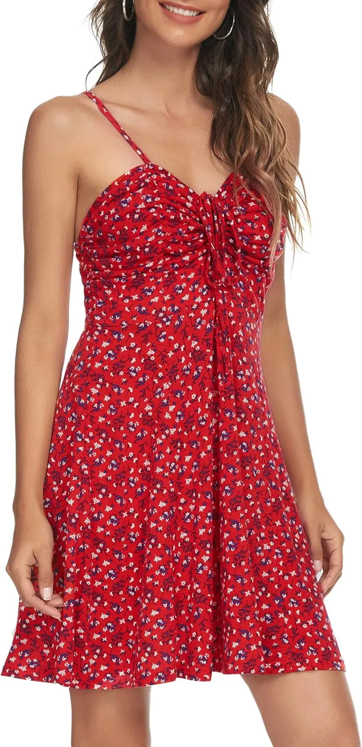 Missufe Spaghetti Strap Floral Mini Dress Women's Casual Ruched Front Drawstring Swing Sundress