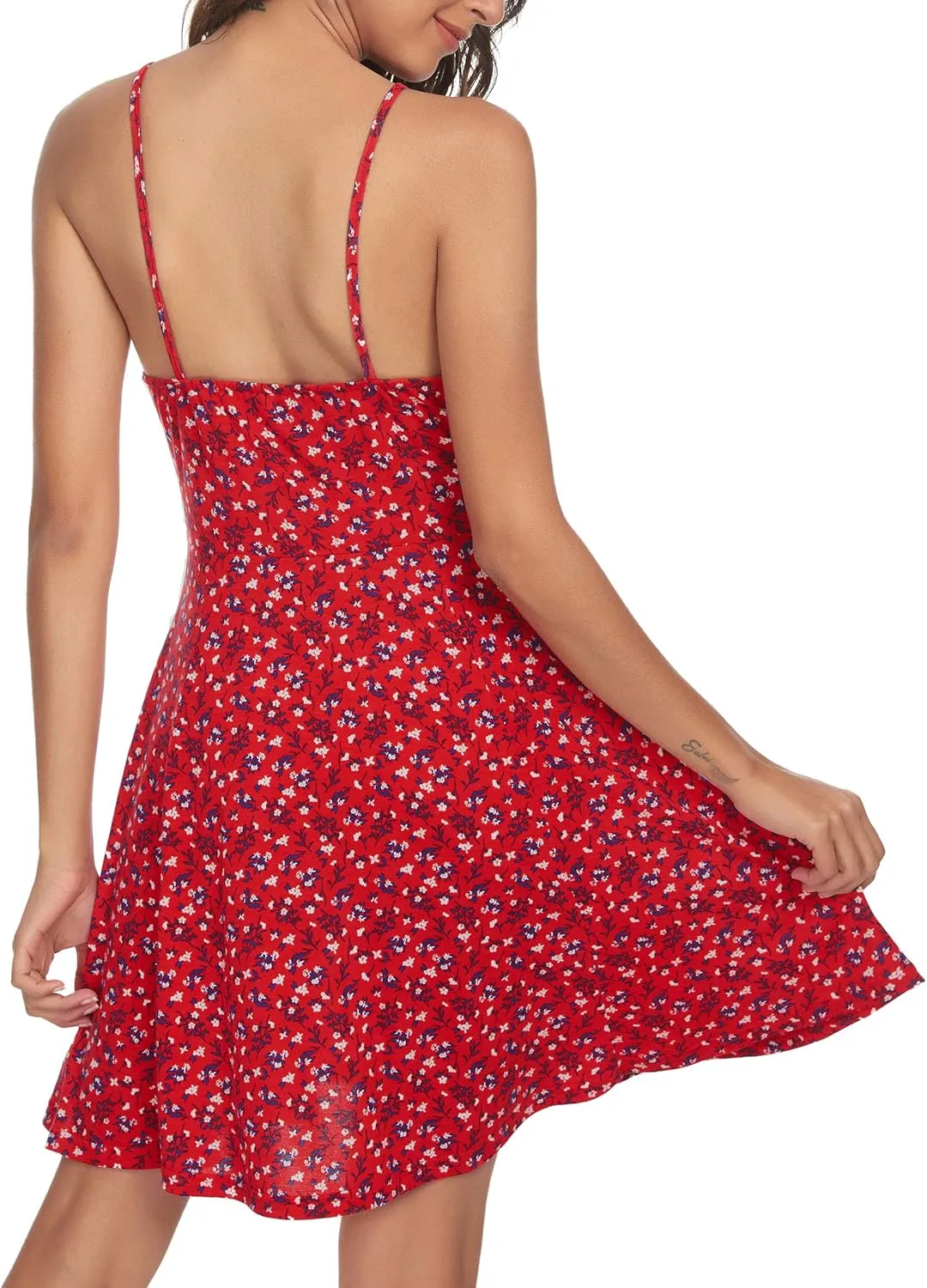 Missufe Spaghetti Strap Floral Mini Dress Women's Casual Ruched Front Drawstring Swing Sundress