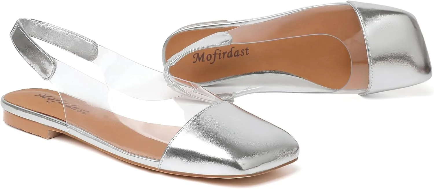 Mofirdast Clear Flats Sandals for Women Square Toe Slingback Flats with Transparent Ankle Strap for Work Weddings Parties