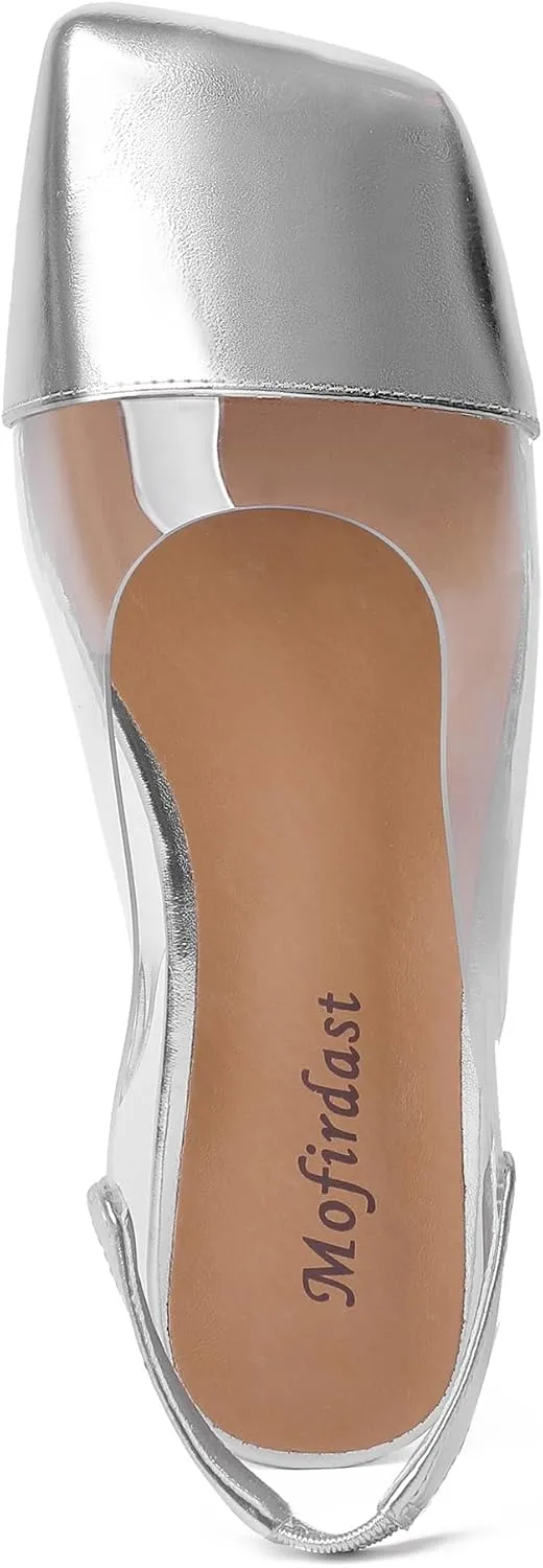Mofirdast Clear Flats Sandals for Women Square Toe Slingback Flats with Transparent Ankle Strap for Work Weddings Parties
