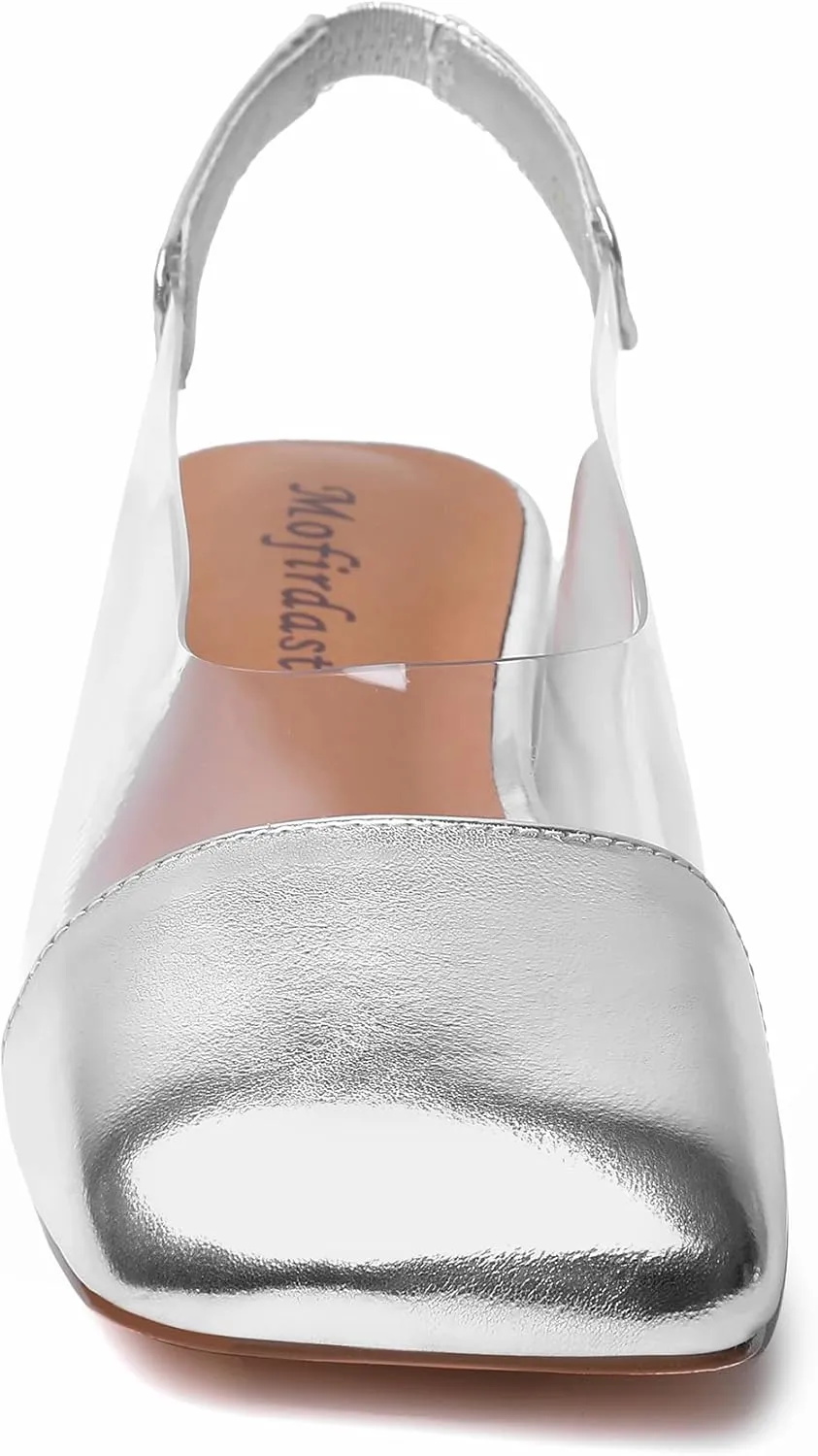 Mofirdast Clear Flats Sandals for Women Square Toe Slingback Flats with Transparent Ankle Strap for Work Weddings Parties