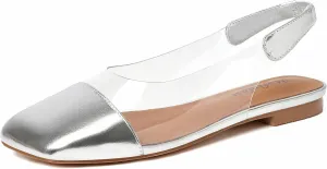 Mofirdast Clear Flats Sandals for Women Square Toe Slingback Flats with Transparent Ankle Strap for Work Weddings Parties
