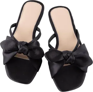 Mtzyoa Women Flat Sandals Bow Satin Ladies Summer Dressy Casual Vacation Bohemian Cute Leather Fashion Comfy Slip On Slides