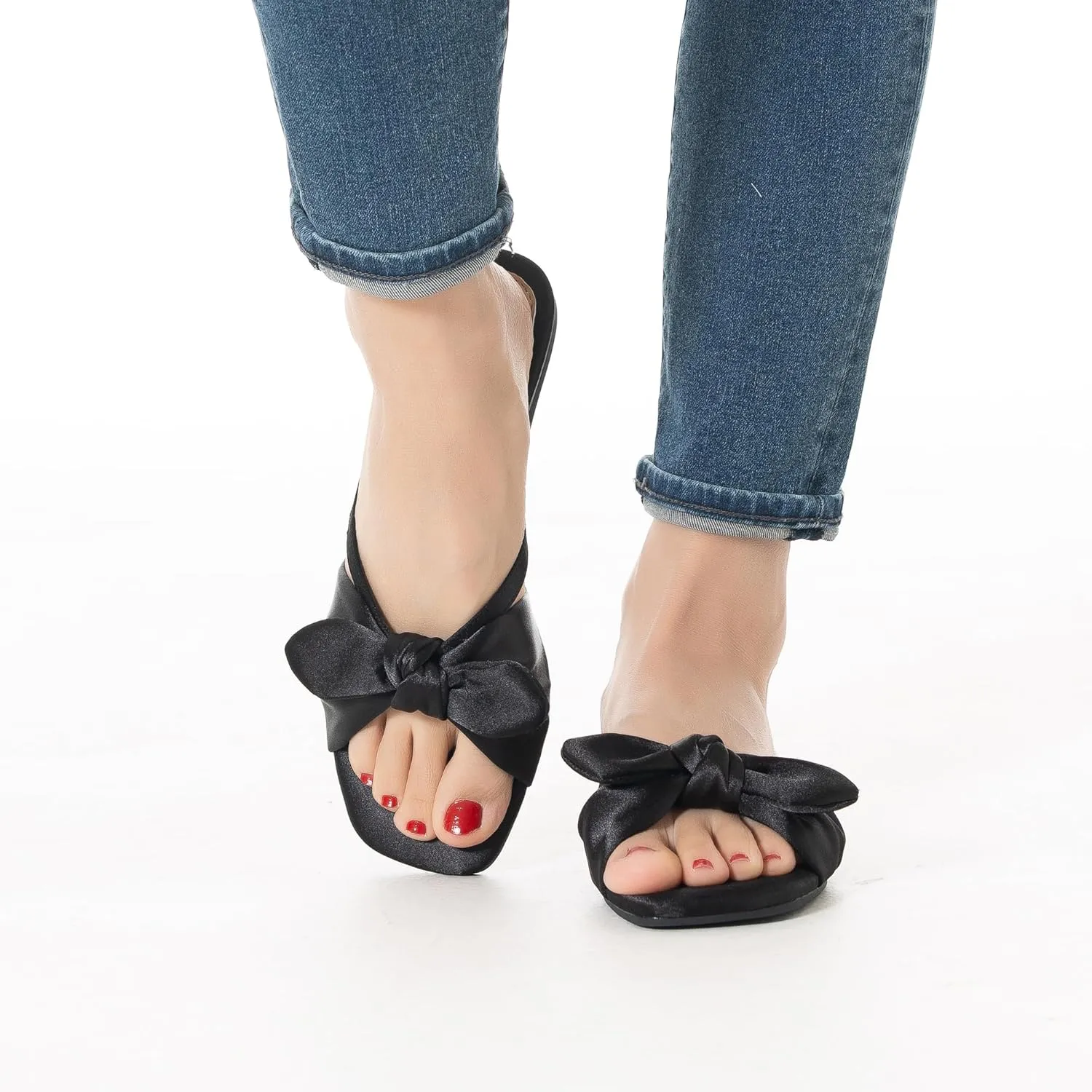 Mtzyoa Women Flat Sandals Bow Satin Ladies Summer Dressy Casual Vacation Bohemian Cute Leather Fashion Comfy Slip On Slides
