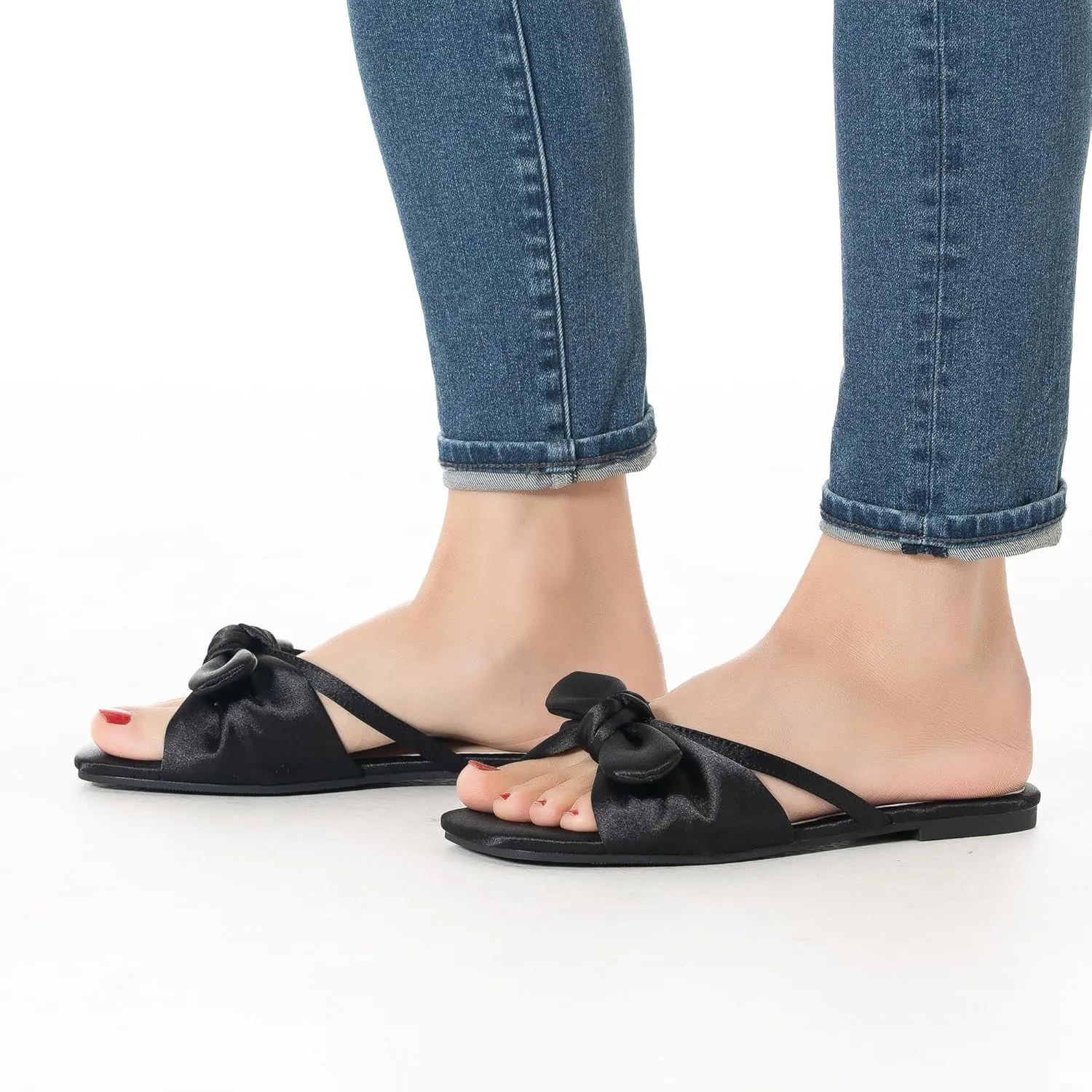 Mtzyoa Women Flat Sandals Bow Satin Ladies Summer Dressy Casual Vacation Bohemian Cute Leather Fashion Comfy Slip On Slides