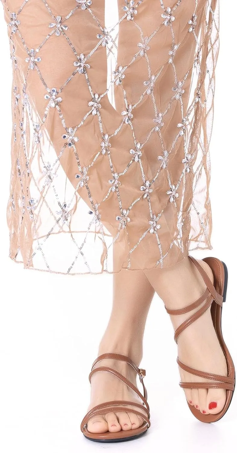 Mtzyoa Women Flat Sandals Dressy Strappy Gladiator Summer Ankle Strap Nude Open Toe Comfortable Wedding Casual Leather Ladies Party Trendy Vacation