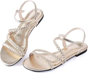 Mtzyoa Women Flat Sandals Dressy Strappy Gladiator Summer Ankle Strap Nude Open Toe Comfortable Wedding Casual Leather Ladies Party Trendy Vacation