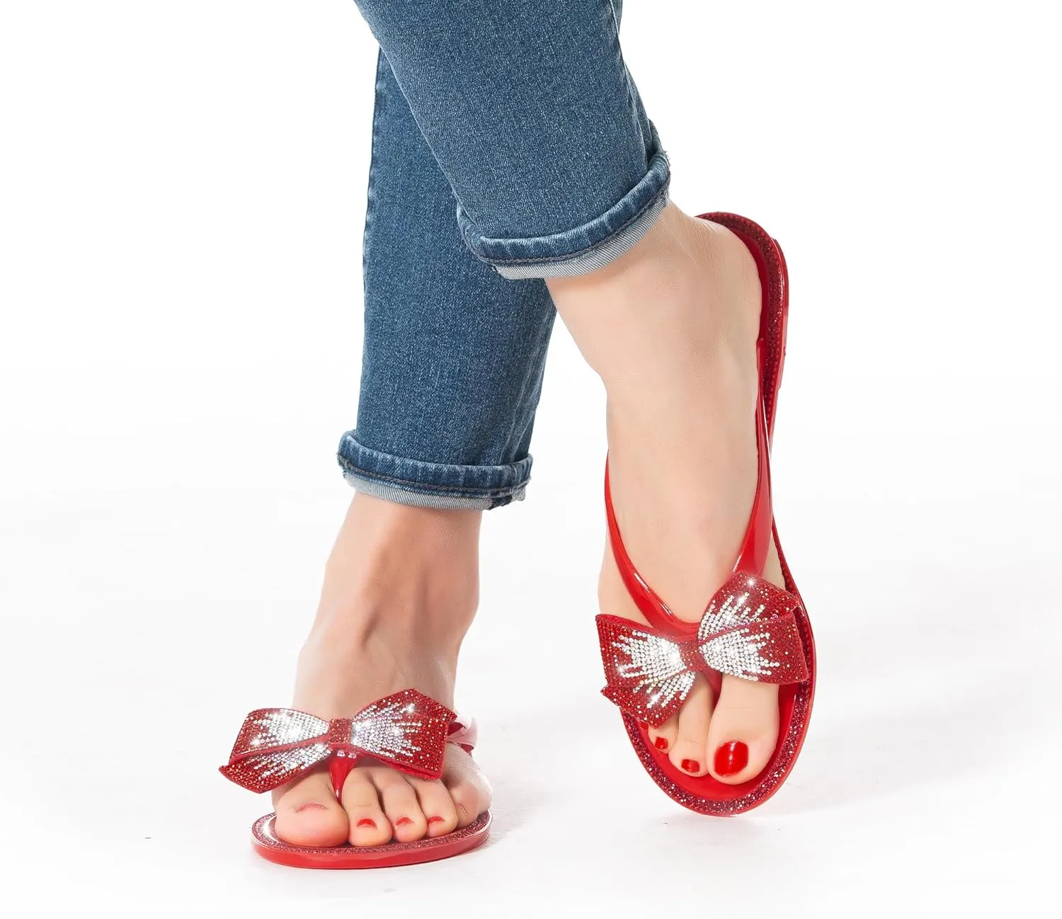 Mtzyoa Women Flip-Flops Flat Sandals Jelly Bow Beach Flat Rivets Rain Cute Dressy Summer Sandals