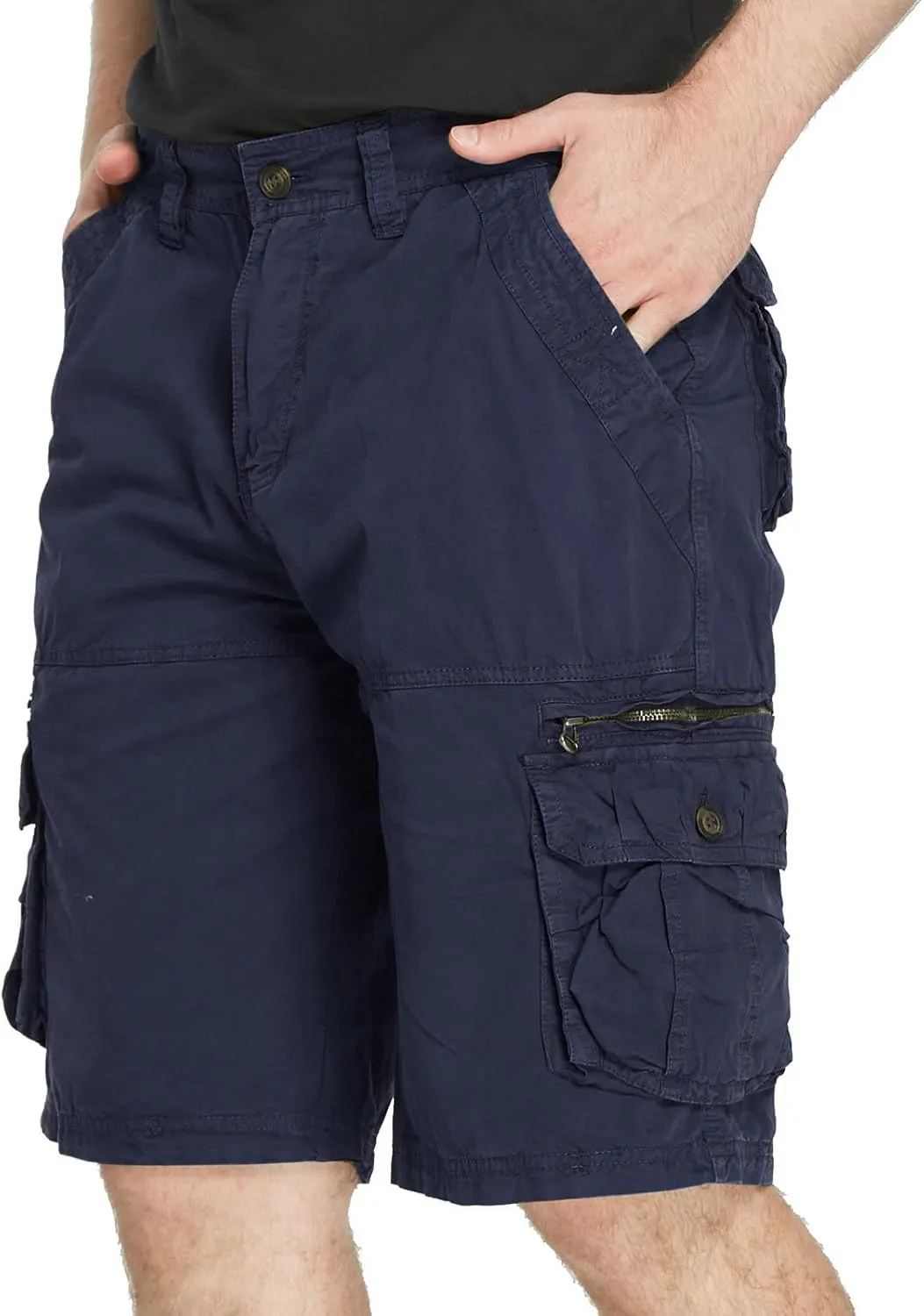 Muscularfit Mens Cotton Shorts Flat-Front Cotton Multi Pockets Cargo Short Solid Buckle Zipper Fashion Utility Tooling Shorts