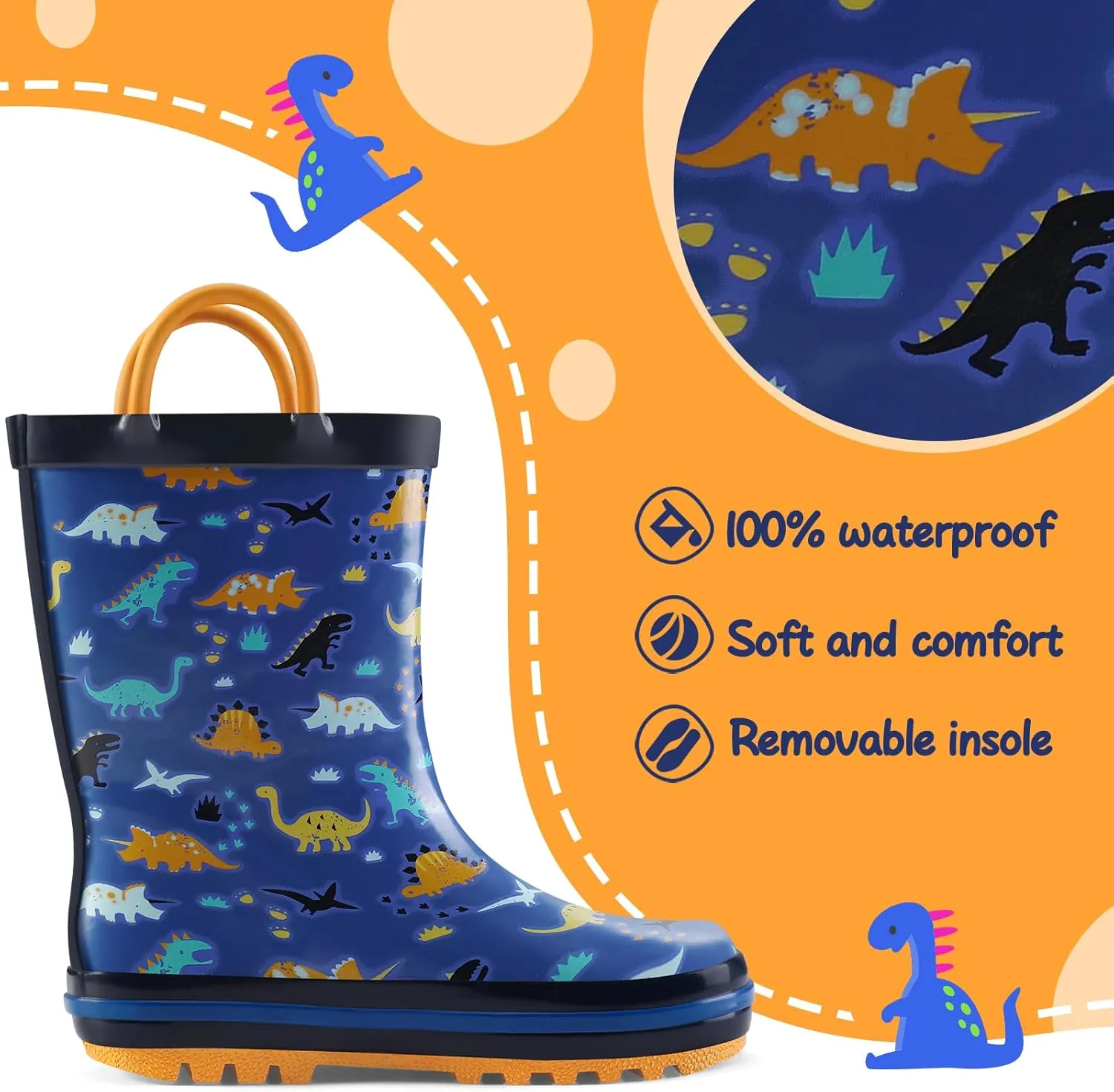 mysoft Kids Rain Boots for Girls Boys Toddler Waterproof Rubber Cute Printed with Easy-On Handles