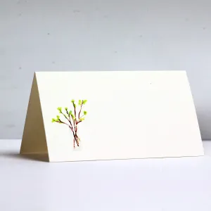 Nancy Nikko Place Cards with Twigs with Green Leaves in Clear Vase for Weddings, Showers, and Dinner Parties. Table Tent Style, Scored for Easy Folding. Available in Pkgs of 25
