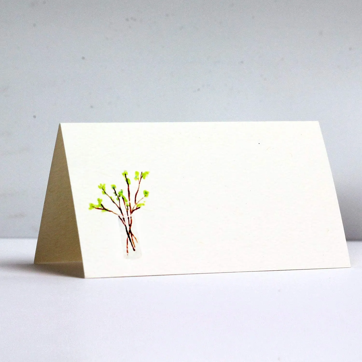 Nancy Nikko Place Cards with Twigs with Green Leaves in Clear Vase for Weddings, Showers, and Dinner Parties. Table Tent Style, Scored for Easy Folding. Available in Pkgs of 25