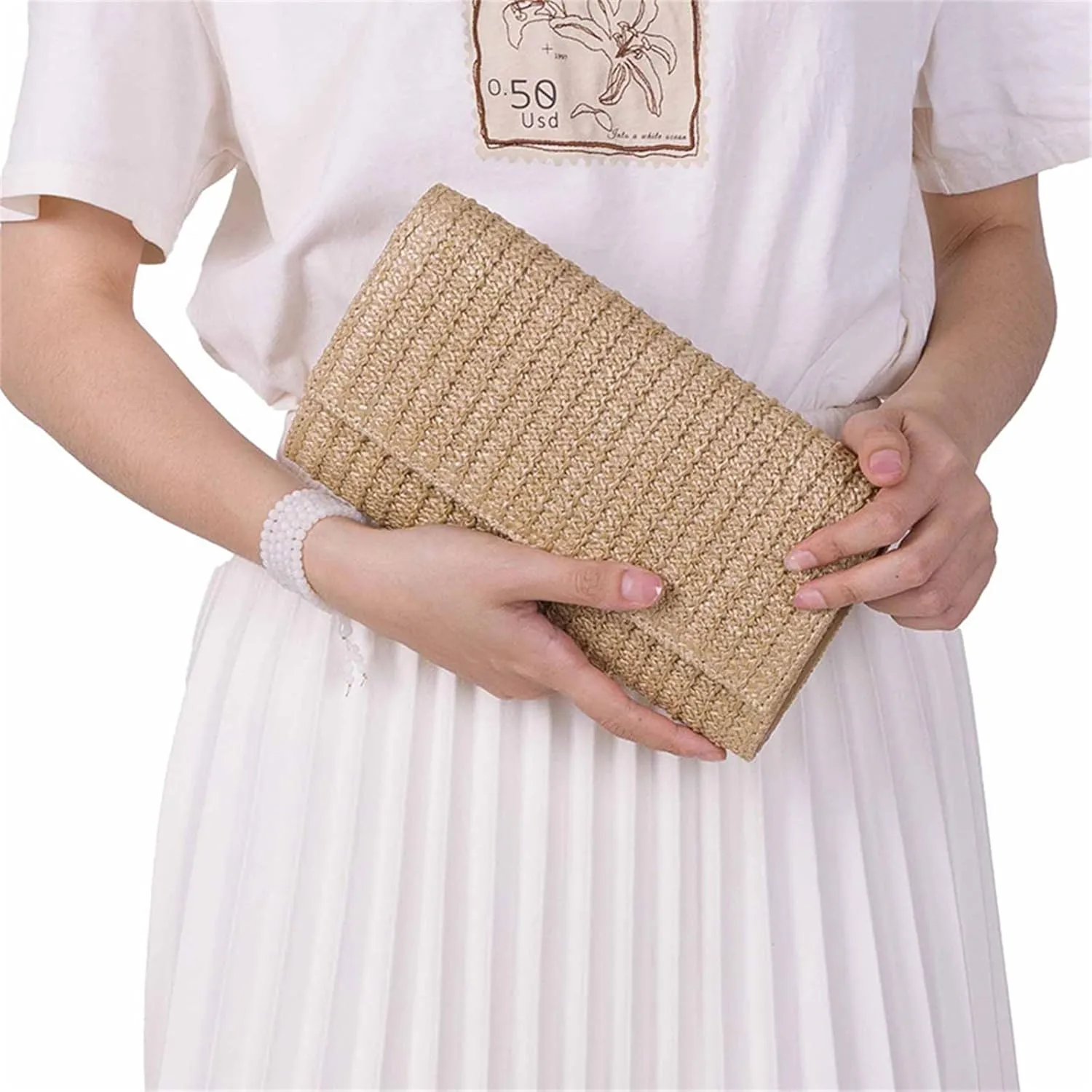 Natural Straw Flat Clutch Women 2025 Boho Purse Top Handle Crossbody Handbag Stylish Woven Envelope Wallet Evening