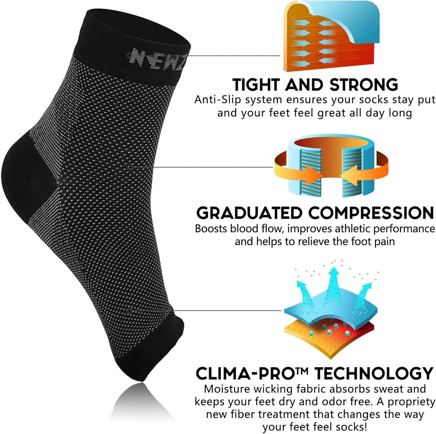 NEWZILL Plantar Fasciitis Socks with Arch Support, BEST 24/7 Foot Care Compression Sleeve, Eases Swelling & Heel Spurs, Ankle Brace Support, Increases Circulation (XXL, Black/White/Gray)