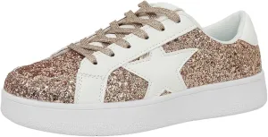 Niluber Star Sneakers for Women Low Top Comfortable Cushioned White Gold Sliver Leopard Platform Sneakers Lace Up Red Glitter Platform Party Shoes