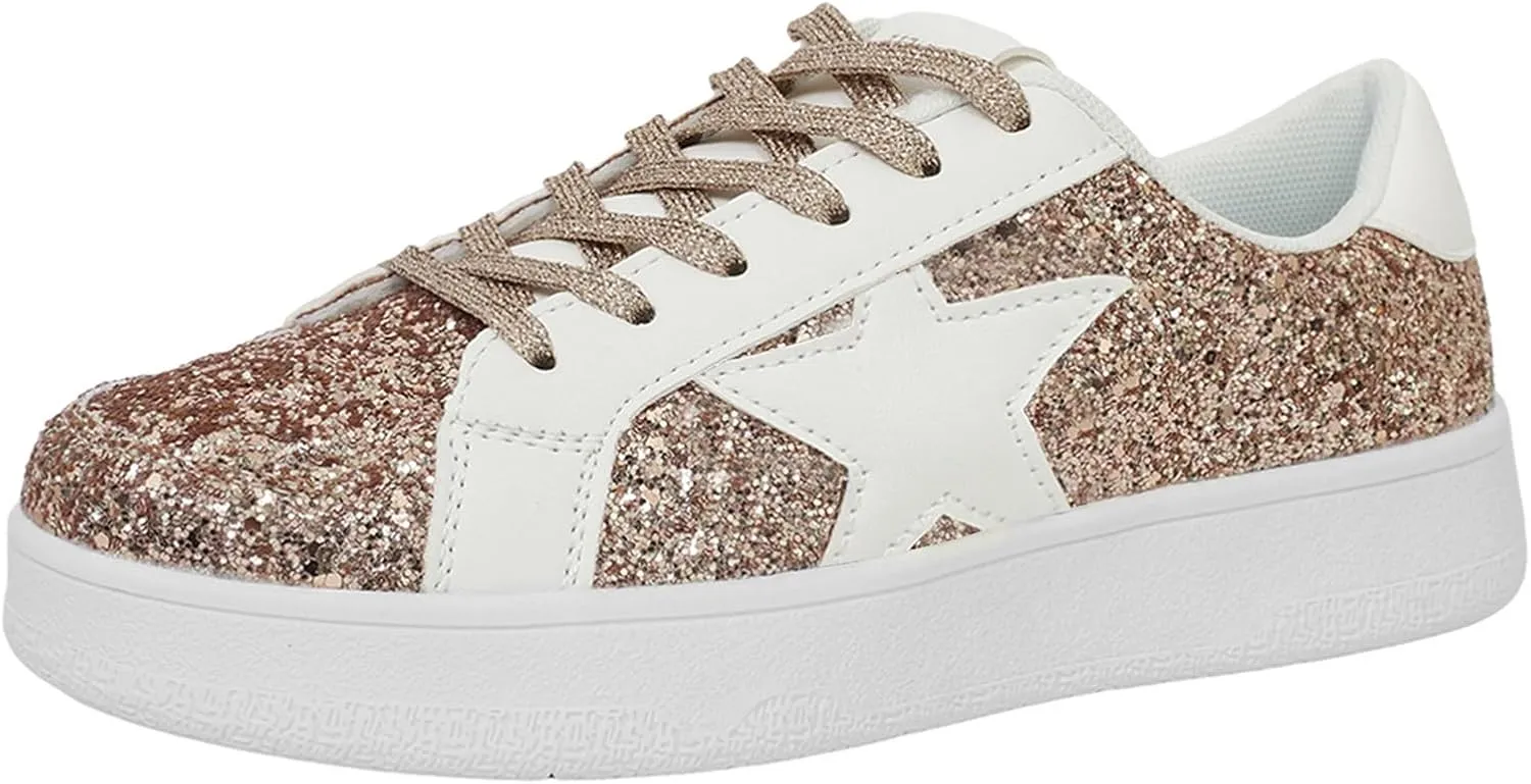 Niluber Star Sneakers for Women Low Top Comfortable Cushioned White Gold Sliver Leopard Platform Sneakers Lace Up Red Glitter Platform Party Shoes