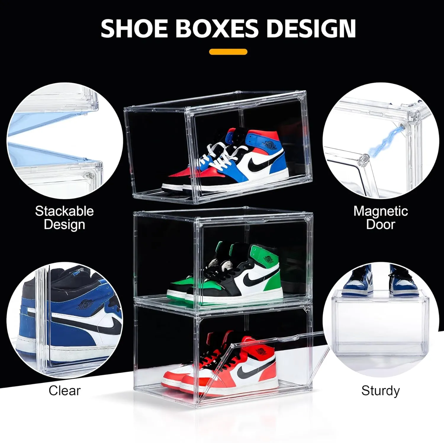 NYZE 3 Pack Clear Shoe Box Plastic Stackable, Shoe Storage Organizer with Magnetic Door, Side Open Sneakers Boxes, Shoe Containers Easy Assembly