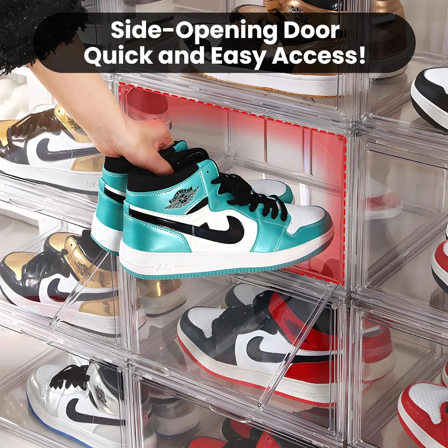 NYZE 3 Pack Clear Shoe Box Plastic Stackable, Shoe Storage Organizer with Magnetic Door, Side Open Sneakers Boxes, Shoe Containers Easy Assembly