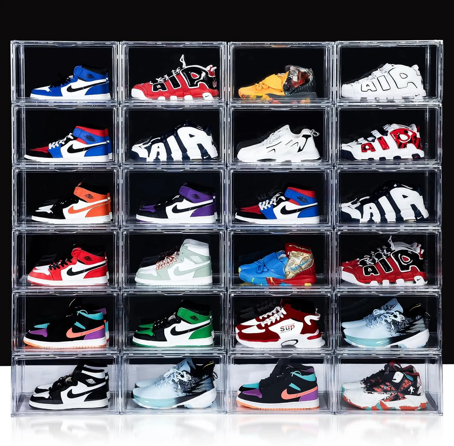 NYZE 3 Pack Clear Shoe Box Plastic Stackable, Shoe Storage Organizer with Magnetic Door, Side Open Sneakers Boxes, Shoe Containers Easy Assembly
