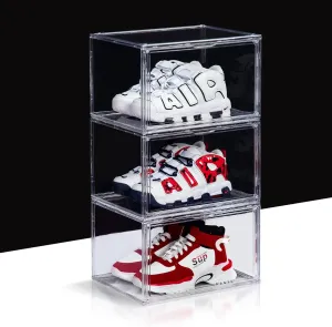 NYZE 3 Pack Clear Shoe Box Plastic Stackable, Shoe Storage Organizer with Magnetic Door, Side Open Sneakers Boxes, Shoe Containers Easy Assembly